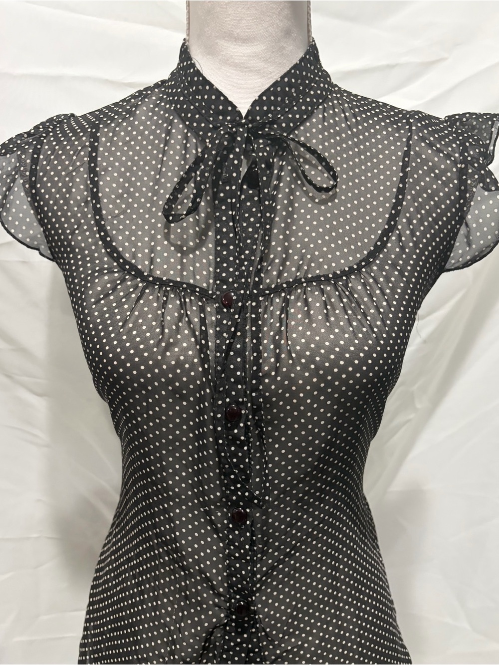 Sheer Black Polka Dot Tie-Neck Blouse